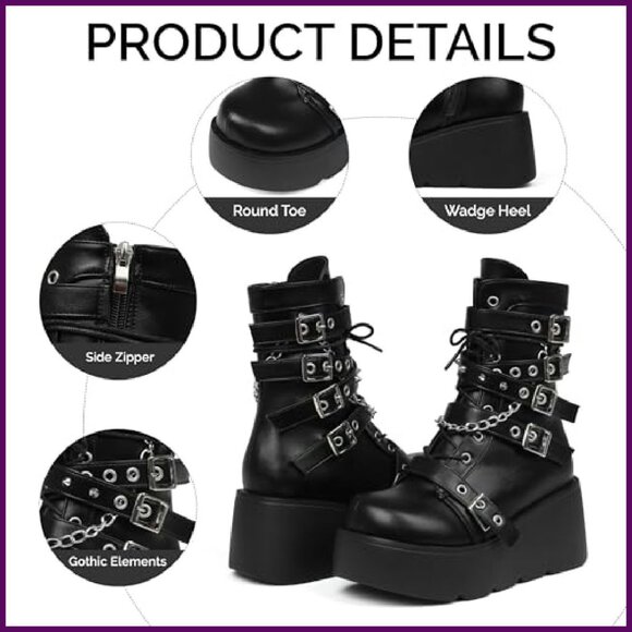 Platform Combat Boots with Side Zip Wedge Heel Leather Motorcycle - Picture 6 of 8